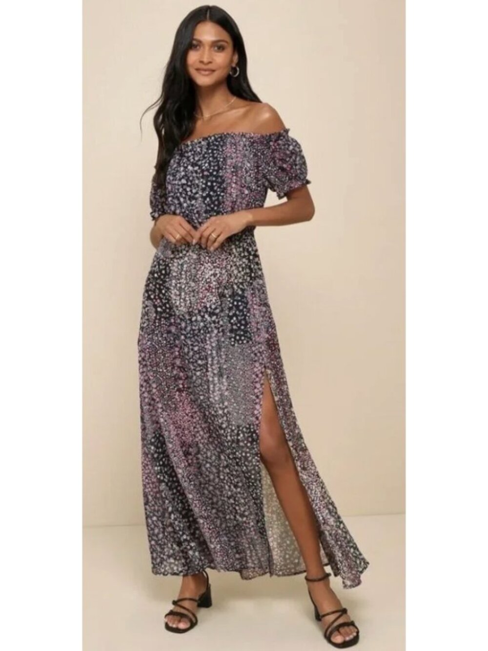 LULUS Neva Navy Blue Floral Print Off The Shoulder Maxi Dress Medium Cottagecore
